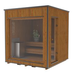 a wooden sauna with plants in it and a metal trash can next to it