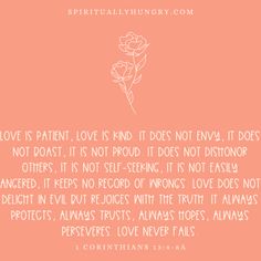 a pink background with the words love is patient, love is kind it does not envy