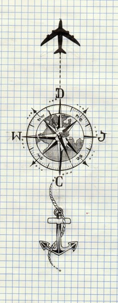 a drawing of an airplane flying over the top of a compass and anchor on graph paper