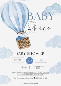 a baby shower is shown with an air balloon in the sky and clouds behind it