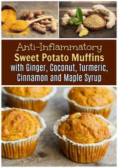 an image of sweet potato muffins with ginger, coconut, and maple syrup