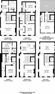 the floor plan for an apartment building with four floors and three balconies on each level