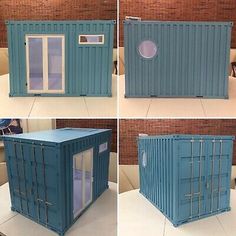 four different views of a blue shipping container