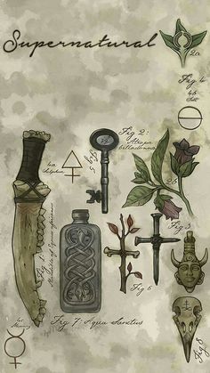 an old book with various items and symbols on the pages, including a bottle, knife,