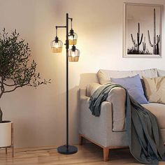 a living room with a couch, lamp and potted plant in it's corner