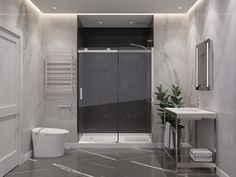 a modern bathroom with marble floors and walls