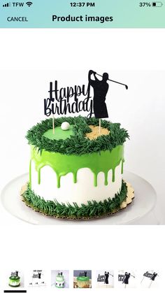 a birthday cake with green icing and a golf player on top that says happy birthday