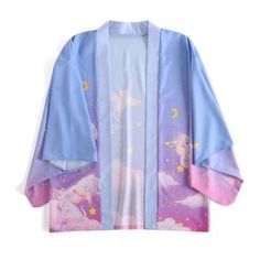 Japanese Night Dreaming Cute Cat Sunscreen Kimono Coat BE174 - Harajuku Kawaii Fashion Anime Clothes Fashion Store - SpreePicky Haori Ideas, Kimono Coat, Angel Cat, Womens Kimono, Maneki Neko, Kimono Jacket, Silk Twill