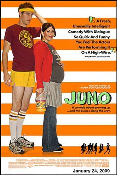 a movie poster for juno with a man and woman standing in front of an orange striped background