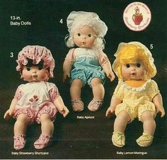 three baby dolls sitting next to each other on a black background with information about them