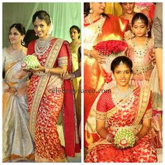 two women in red and white sari