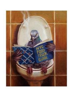 a painting of a pigeon sitting on top of a toilet with a book in its mouth