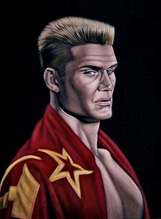 a painting of a man with blonde hair and blue eyes wearing a red robe, standing in front of a black background