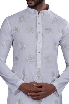 Shop for Nitesh Singh Chauhan Off White Chanderi Kurta Set for Men Online at Aza Fashions White Kurta With Traditional Drape And Motifs, White Kurta With Motifs In Traditional Drape, White Kurta With Motifs For Festive Occasions, Traditional Festive Kurta With Embroidery, Diwali Embroidered Straight Kurta, Designer Unstitched White Kurta, Designer White Unstitched Kurta, Traditional Kurta With Embroidery For Diwali, Traditional Kurta With Embroidery For Eid