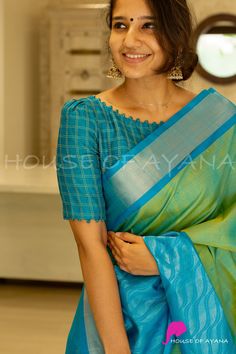 Retro Checks: Kanta Tussar in Blue - House of Ayana House Of Ayana, Traditional Blouse Designs