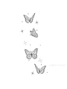 three butterflies flying in the air with stars on their wings, and one is black and white