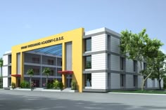 an artist's rendering of the front entrance to a building with trees and bushes