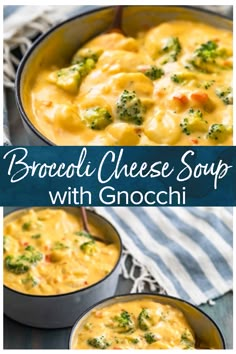 broccoli cheese soup with gnocchini in two pans on a table