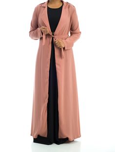 Solid classic Chiffon Maxi Trench Coat Spring Workwear Abaya, Elegant Long Chiffon Abaya, Elegant Spring Abaya For Workwear, Elegant Spring Workwear Abaya, Chic Long Sleeve Abaya For Spring, Chic Long Sleeve Spring Abaya, Chic Spring Long Sleeve Abaya, Long Sleeve Chiffon Outerwear For Spring, Elegant Long Abaya For Workwear