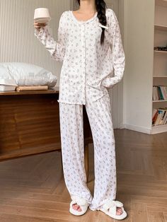 Women's Fashionable White Lace Trim Summer Pajama Set White Set White Cute    Plants,All Over Print  Medium Stretch All Women Sleep & Lounge, size features are:Bust: ,Length: ,Sleeve Length: Cute Pijamas, Sleepwear Women Pajamas, Summer Pajama Set, Warm Pajamas, Pajama Fashion, Pajama Outfits, Summer Pajamas, Cute Pajamas, Elegant Dresses Long