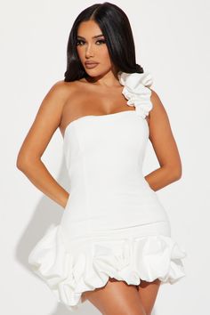 Wilma Ruffle Mini Dress - White | Fashion Nova, Dresses | Fashion Nova One Shoulder Ruffle Hem Mini Dress For Date Night, One-shoulder Mini Dress With Ruffle Hem For Brunch, White One-shoulder Mini Dress With Ruffle Hem, White Dress Classy Formal, Highschool Graduation Dresses, White Grad Dress, Recruitment Dresses, White Dress Classy, Ruffle Shoulder Dress