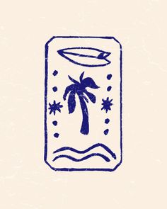 a drawing of a can with a palm tree on it