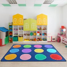 a child's play room with toys and colorful rugs