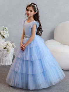 Blue Dresses For Kids, Ball Gown Princess, Sky Blue Dress, Skirt Satin, Tulle Balls, Gown Princess, Princess Flower Girl Dresses, Cinderella Birthday, Princess Flower