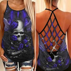 Gothic Tops Women, 2024 Purple, Costumes 2024, Cross Tank Top, Purple Skull, Girl Skull, Open Back Tank Top, Criss Cross Tank Top, Gothic Tops