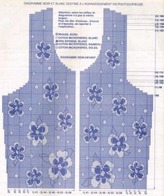 a blue and white cross stitched vest pattern with flowers on the front, back and sides