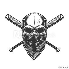 a skull wearing a bandana with two baseball bats in front of it and the words,