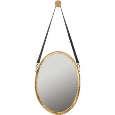 a round mirror hanging on a black leather cord with a circular mirror in the middle