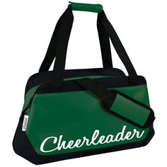 a green and black bag with the word cheerleader on it