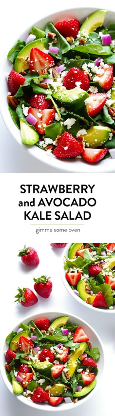 strawberry and avocado kale salad is shown in two separate bowls