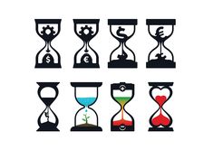 an image of hourglasses with money and coins in them illustration on white background