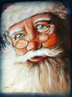 a painting of santa claus wearing glasses and a beard with his eyes wide open to the side