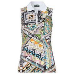 Brand new with tags.  NWT Golfino Ladies TRIBAL PRINT SLEEVELESS POLO 2332621 100 White.  Retail $129 Casual Sleeveless Top With Multicolor Print, Casual Multicolor Sleeveless Tops, Casual Sleeveless Multicolor Print Tops, Casual Multicolor Print Sleeveless Tops, Vibrant Print Sleeveless Top, Sleeveless Top With Vibrant Print For Vacation, Multicolor Sleeveless Top With Vibrant Print, Multicolor Print Fitted Sleeveless Top, Fitted Multicolor Print Sleeveless Top