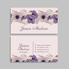 two business cards with purple flowers and leaves on the front, one is for floral design