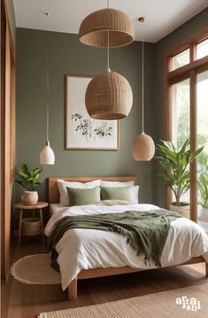 a bed sitting in a bedroom next to a window with two hanging lamps above it