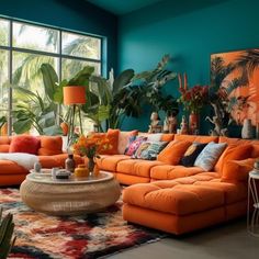 a living room filled with lots of orange furniture