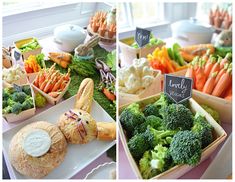 there are many different types of vegetables in the trays on display at this table