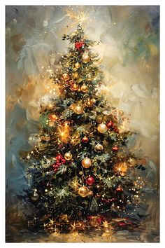 a painting of a christmas tree with lights