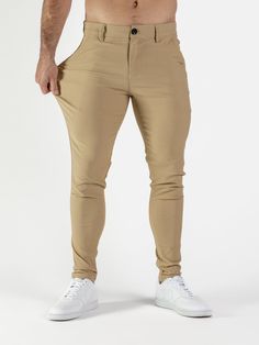 Stylish modern beige pants, with a skinny ankle fit and ultra-stretch performance fabric. Wear formally, casually or for a night out, and enjoy a unique classy style and stretch comfort ✓ Versatile Skinny Fit - A perfectly fitted look from waist to ankle with no saggy areas on slim guys, with stretch to accommodate larger muscular thighs, glutes and calf muscles. ✓ Ultra-Stretch - Luxurious Rayon-Nylon-Spandex blend to give full freedom to move and comfort qualities more like activewear. ✓ Style Brown Chino Pants, Activewear Style, Brown Chinos, Stylish Men Casual, Beige Pants, Calf Muscles, Classy Style, Stretch Chinos, Chino Pants