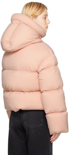 Water-repellent quilted down-filled nylon satin jacket. · Integrated hood at stand collar · Two-way zip closure · Welt pockets at waist · Elasticized cuffs · Bungee-style drawstring at elasticized hem Supplier color: Soft pale pink Fill: 95% white goose down, 5% feathers. Sporty Hooded Duck Down Puffer Jacket, Pink Nylon Puffer Jacket With Padded Collar, Pink Down Puffer Jacket With Detachable Hood, Pink Quilted Nylon Puffer Jacket, Hooded Down Puffer Jacket With Ribbed Cuffs, Hooded Nylon Puffer Jacket With Ribbed Cuffs, Pink Down Puffer Jacket With Padded Collar, Functional Nylon Puffer Jacket With Drawstring Hood, Sporty Spring Puffer Jacket With Detachable Hood