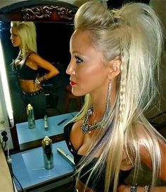 Trashy Hairstyles, Hair Styles For Rock Concert, Rocker Chic Hairstyle, Punk Rock Hairstyles For Women, Long Rocker Hair, 80s Rocker Chick, Motorcycle Hair, Faux Hawk Ponytail, Rockstar Hairstyles