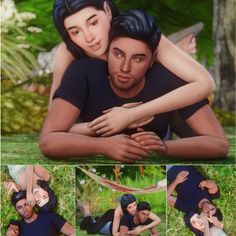 an animated image of a man hugging a woman in the grass with her arms around him