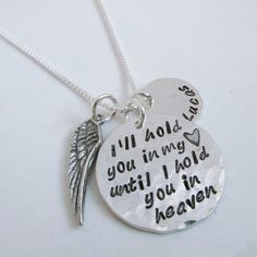 Grief Gift - Memorial Necklace -  I'll hold you in my heart - hand stamped jewelry - Loss of a loved Hand Stamped Heart Jewelry For Memorial, Adjustable Hand Stamped Jewelry For Memorial, Hand Stamped Round Disc Jewelry For Anniversary, Inspirational Round Jewelry With Hand Stamped Details, Round Hand Stamped Memorial Necklaces, Meaningful Hand Stamped Jewelry For Memorial, Hand Stamped Round Memorial Necklaces, Hand Stamped Round Memorial Jewelry, Hand Stamped Memorial Jewelry