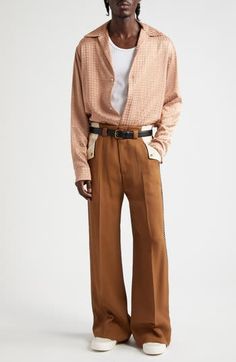 Evoke the spirit of endless summer with these pleated wide-leg trousers inspired by California’s golden coastline. AMIRI reinterprets the character of '50s Americana with details like a Hollywood waistband, contrast panels at the pockets and twisted-cord trim. Zip fly with hook-and-bar closure Front slant pockets; back flap pockets 100% viscose Dry clean Made in Italy Designer Clothing Disco Attire, 50s Americana, Satin Button Up, 70s Disco, Fabric Gift Bags, Nordstrom Store, Fabric Gifts, Endless Summer, Free Fabric