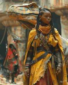 a woman with dreadlocks standing in front of a large alligator and other people