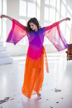 "Kimono dress made of chiffon fabric with color transition In purple and orange tones Transparent, light and airy \"Wings\" sewn into the sleeves, which complement the airy image of the dress Underwear dress included ➤ Features > dress length: 58,5 inches / 148cm cm ➤ Sizing My Size Guide in FAQ section below will help you define the perfect size match. The item can also be made according to your measurements - just message them to me. ➤ Delivery Your item is made-to-order and will be ready w Spring Gradient Maxi Dress, Sheer Chiffon Summer Dress, Sheer Chiffon Dress For Summer, Purple Maxi Chiffon Dress For Summer, Purple Chiffon Maxi Dress For Summer, Multicolor Chiffon Summer Dress, Orange Beachwear Dress For Summer, Orange Beachwear Dress For Spring, Orange Summer Beachwear Dress